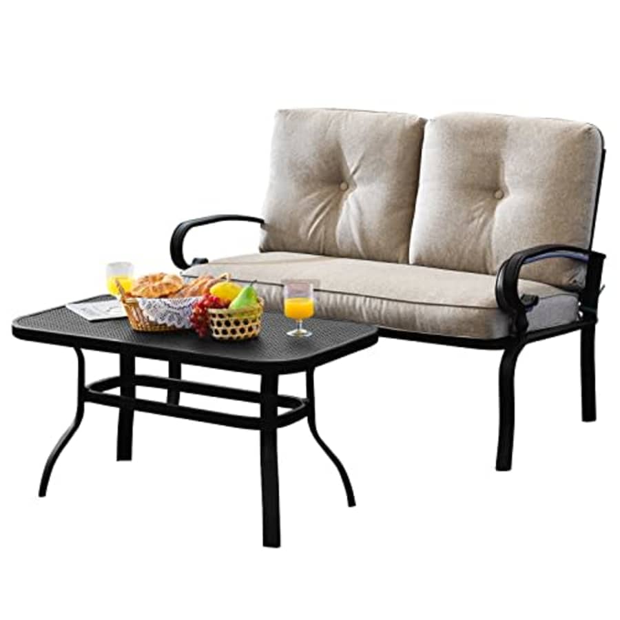 Tangkula Patio Loveseat with Table Set, 2 Seat Cushioned Sofa with Coffee Table, Patio Conversation for $140
