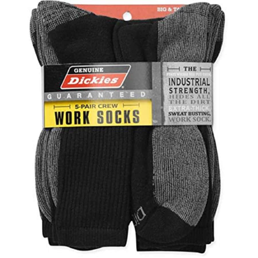 Dickies Genuine Mens 5-Pair Crew Work Socks, Black With Grey, Big and Tall (12-15) for $27