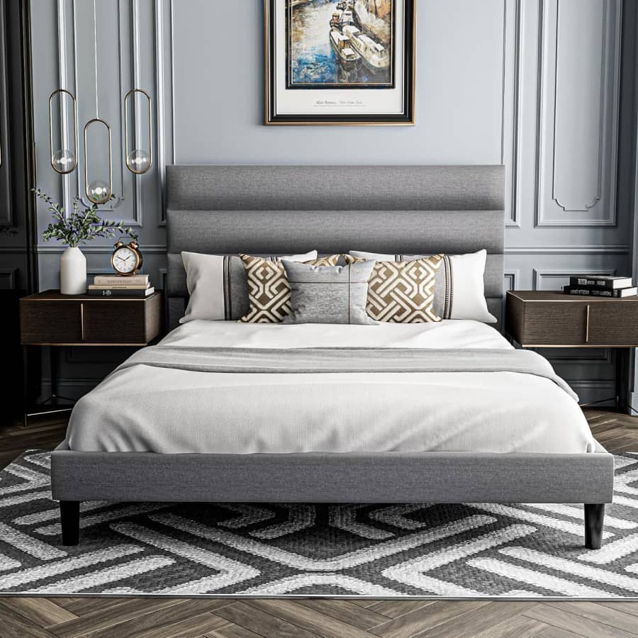Kikihuose Queen Linen Fabric Platform Bed for $50