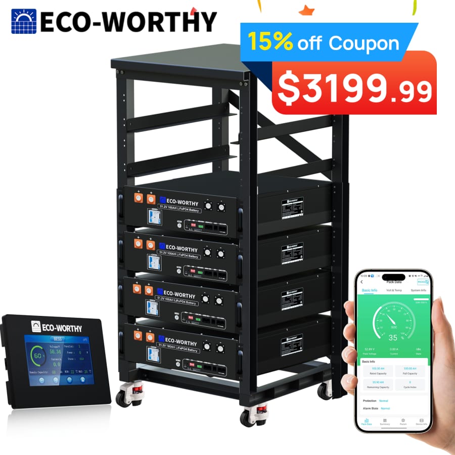 Eco-Worthy 20.48kWh 48V 100AH Server Rack LiFePO4 Lithium Battery V3 4-Pack for $3,178 Eco-Worthy 20.48kWh 48V 100AH Server Rack LiFePO4 Lithium Battery V3 4-Pack for $3,178
