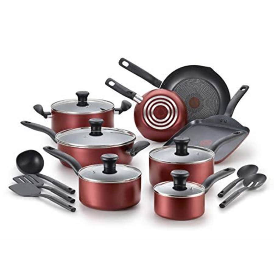 T-fal, Dishwasher Safe Cookware Set, 18 Piece, Red Initiatives Nonstick Inside for $69 T-fal, Dishwasher Safe Cookware Set, 18 Piece, Red Initiatives Nonstick Inside for $69