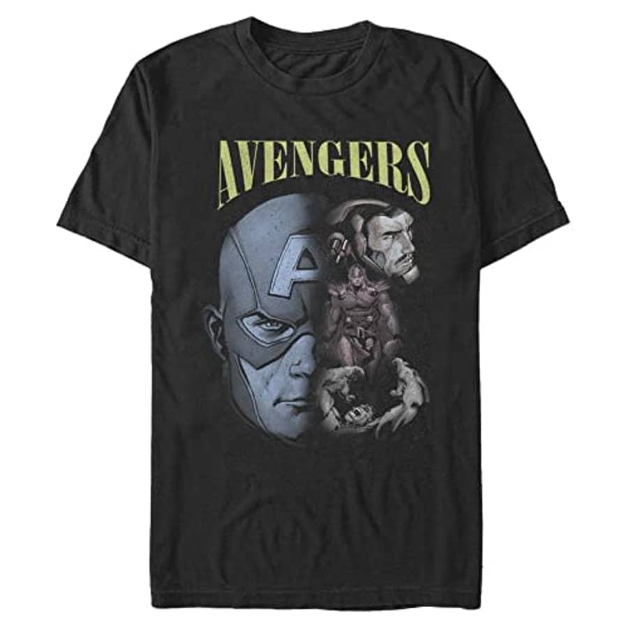 Marvel Big & Tall Classic Avenger Homage Men's Tops Short Sleeve Tee Shirt, Black, Large for $18 Marvel Big & Tall Classic Avenger Homage Men's Tops Short Sleeve Tee Shirt, Black, Large for $18