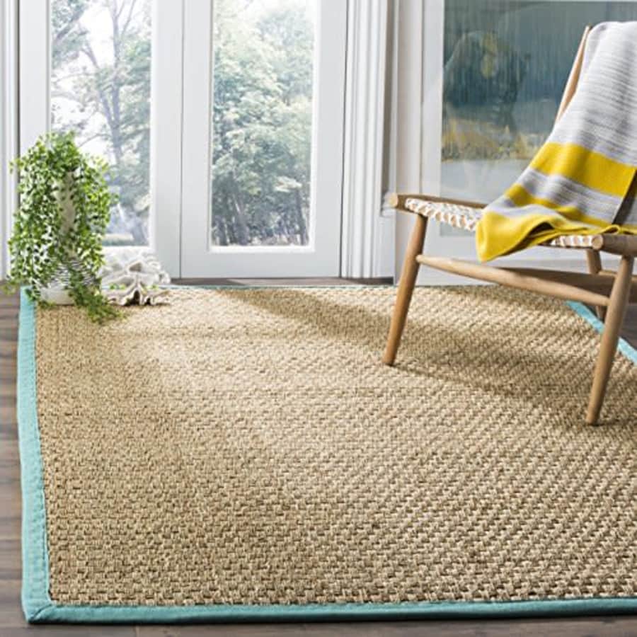 Safavieh Natural Fiber Collection NF114R Basketweave Natural and Teal Summer Seagrass Area Rug (3' for $57
