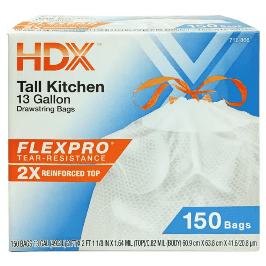 HDX FlexPro 150-Count 13-Gallon Reinforced Top Drawstring Kitchen Trash Bags for $16 via Subscription HDX FlexPro 150-Count 13-Gallon Reinforced Top Drawstring Kitchen Trash Bags for $16 via Subscription