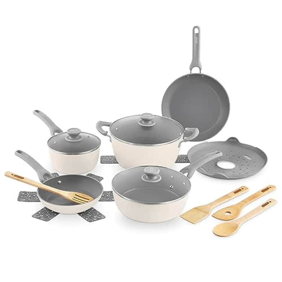 DASH Dream Green Nonstick Ceramic Cookware Set, 15 Piece, Cream - Recycled Aluminum and Ceramic, for $136 DASH Dream Green Nonstick Ceramic Cookware Set, 15 Piece, Cream - Recycled Aluminum and Ceramic, for $136