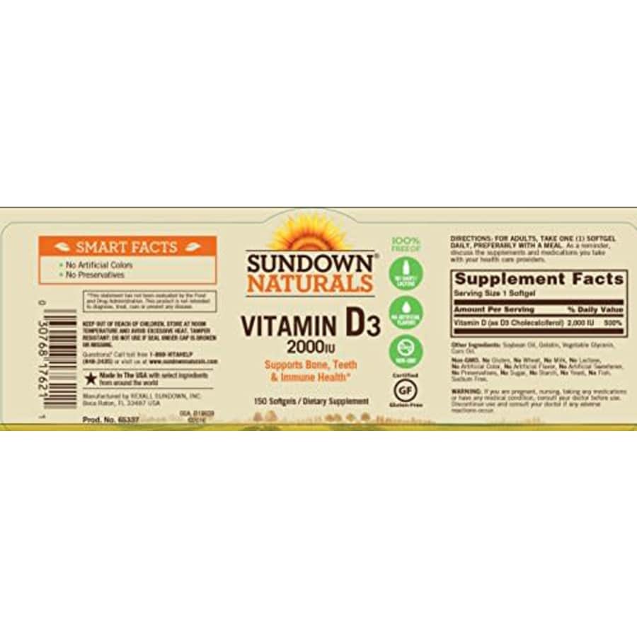 Sundown Vitamin D3 2000 Iu, Supports Immune, Bone and Teeth Health*, 150 Softgels Non-GMO, Free of for $20 Sundown Vitamin D3 2000 Iu, Supports Immune, Bone and Teeth Health*, 150 Softgels Non-GMO, Free of for $20