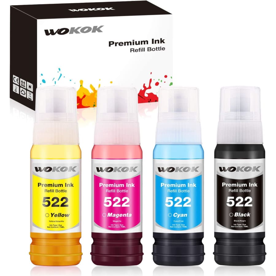 Wokok Epson 522 EcoTank Compatible Refill Ink Bottle 4-Pack for $7