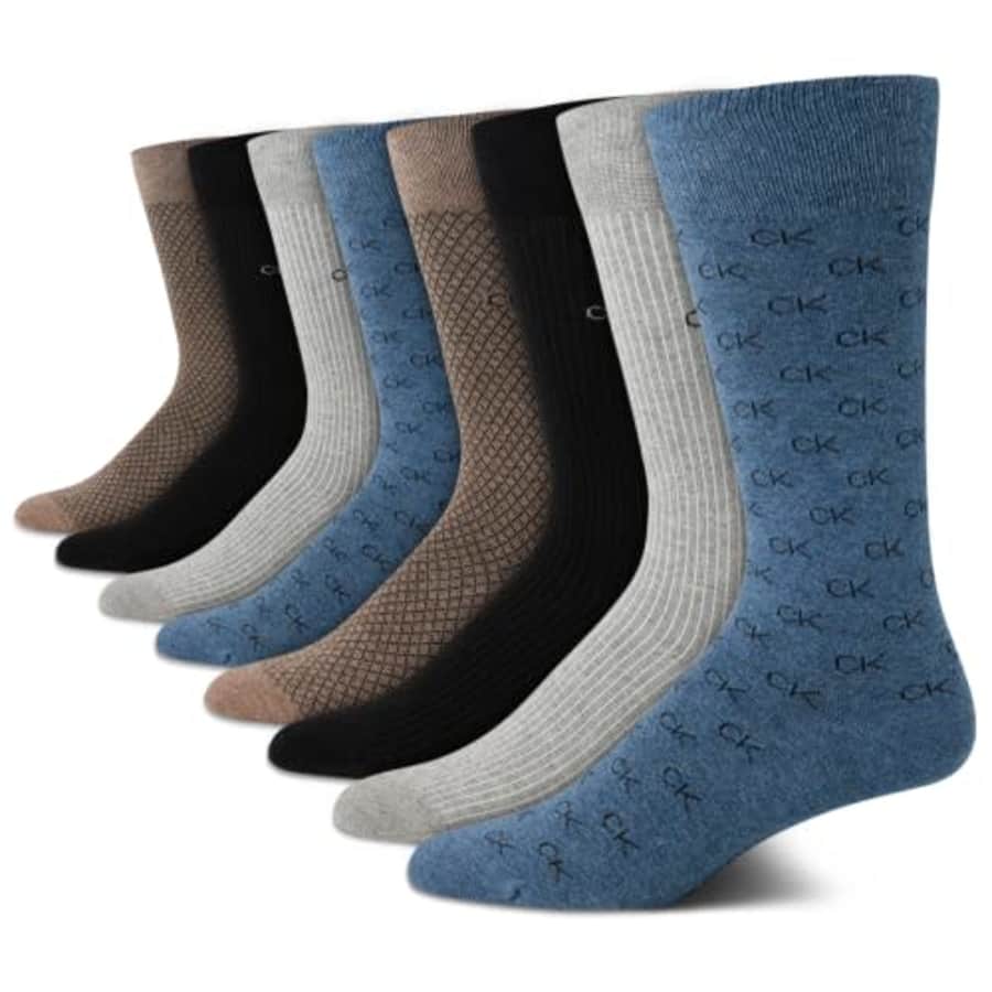 Calvin Klein Men's Dress Socks - Lightweight Cotton Blend Crew Socks (8 Pack), Size 7-12, Blue/Tan for $36
