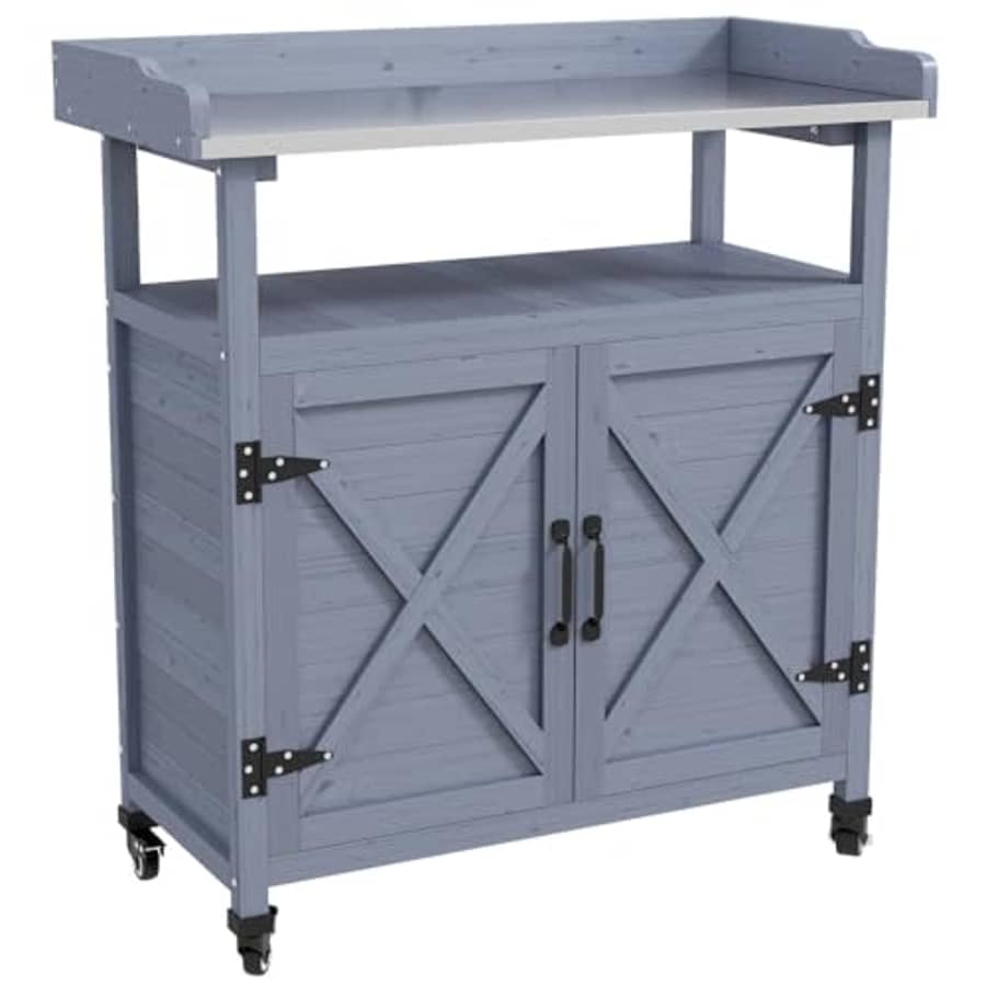 Outsunny Outdoor Potting Bench, Wooden Potting Table with Storage Cabinet, Aluminum Table Top, for $150
