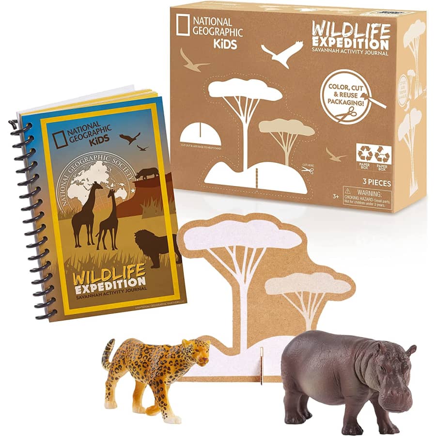 National Geographic Kids' Animal Facts & Activity Journal Book w/ Animal Toy Figures for $8