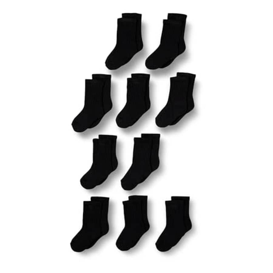 Amazon Essentials Unisex Toddlers' Cotton Crew Socks, 10 Pairs, Black, 4-5T for $11