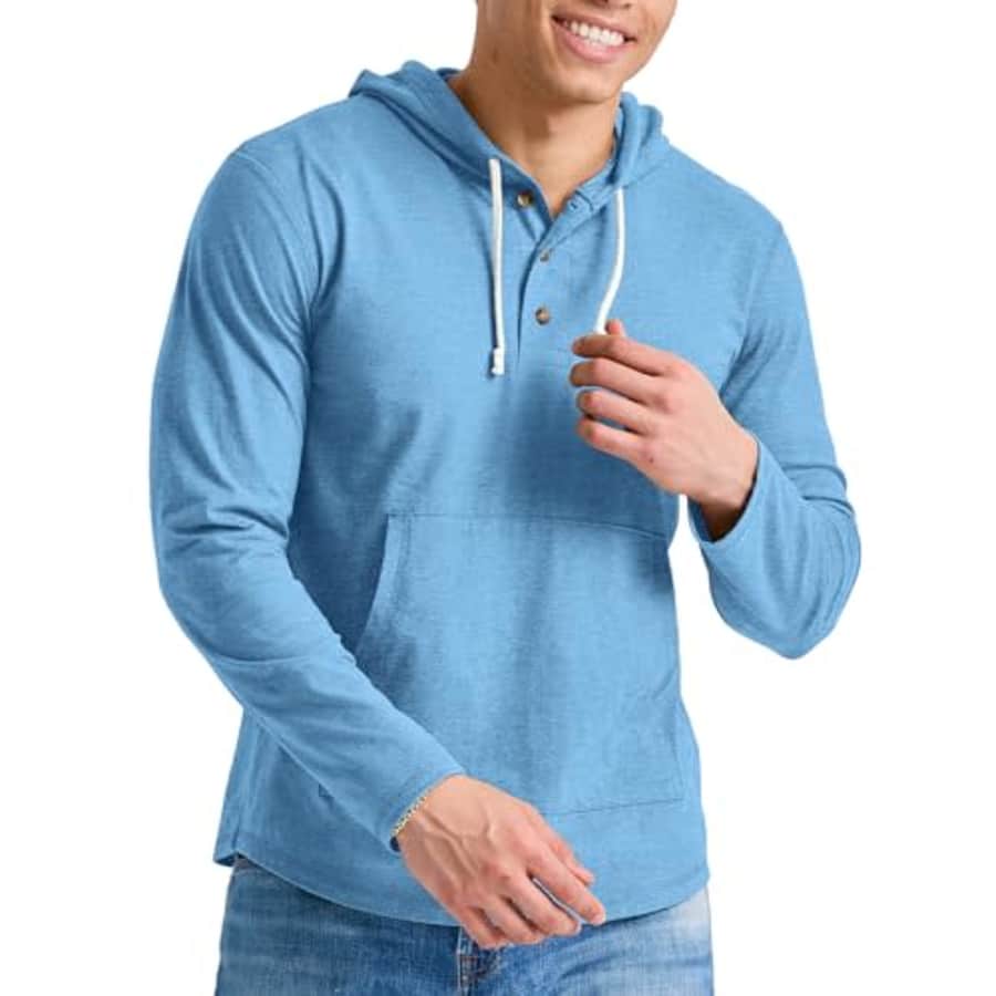 Hanes Men's Originals Tri-Blend Jersey, T-Shirt Hoodie with Henley Collar, BLUE JAY PE HEATHER for $16