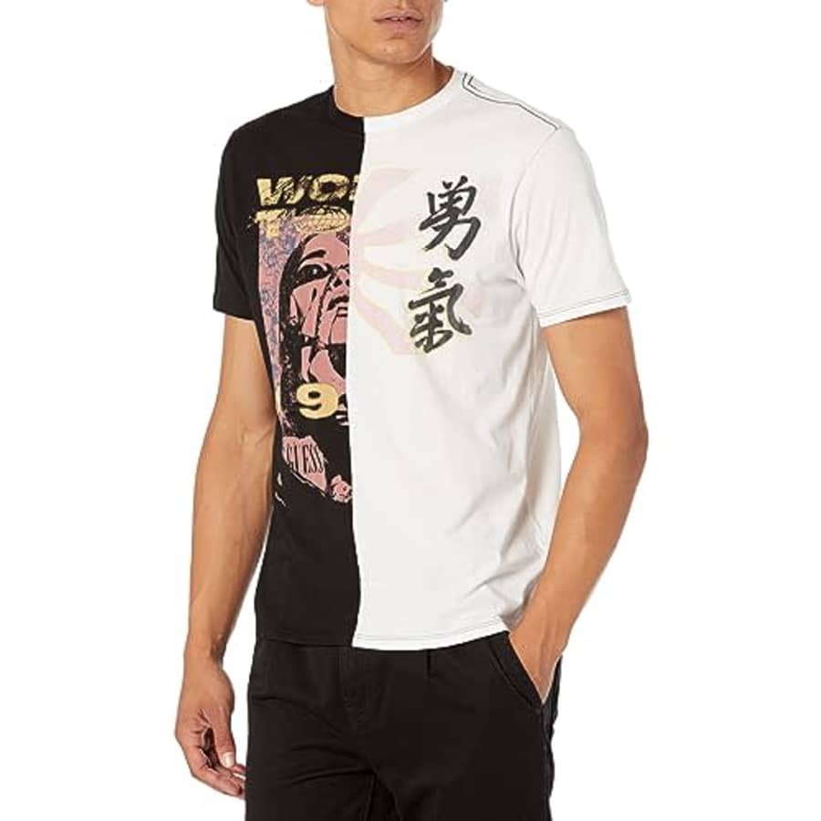 GUESS Men's Short Sleeve BSC Split World T-Shirt, Jet Black Multi for $25