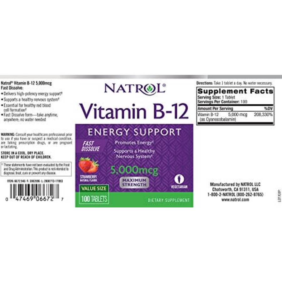 Natrol Vitamin B12 Fast Dissolve Tablets, Promotes Energy, Supports a Healthy Nervous System, for $10