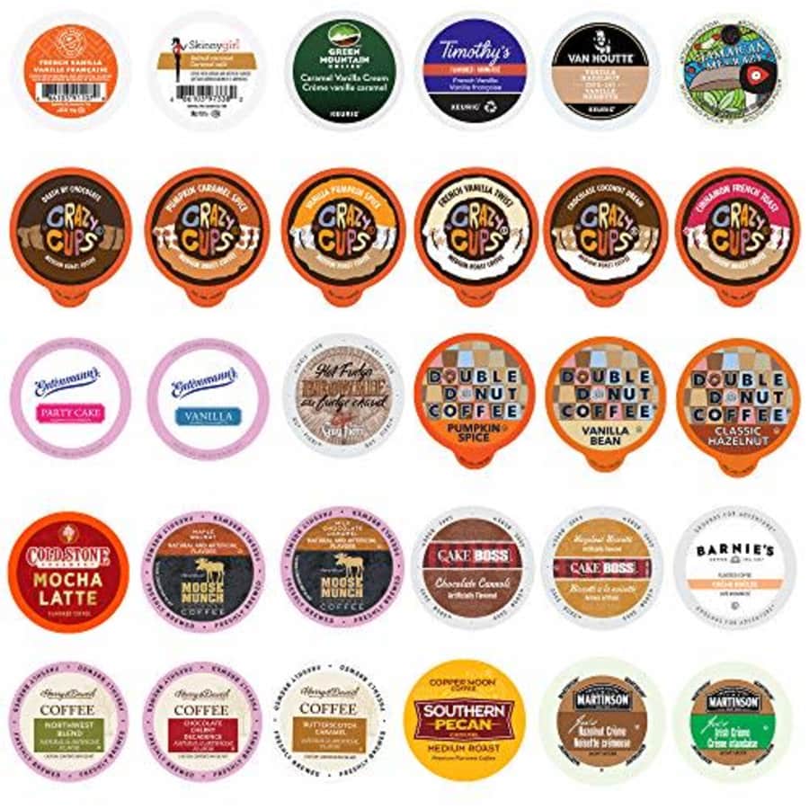 Crazy Cups Flavored Coffee Pods Variety Pack - 30 Unique Flavors No Duplicates - Fit All Keurig K Cups Coffee for $28 Crazy Cups Flavored Coffee Pods Variety Pack - 30 Unique Flavors No Duplicates - Fit All Keurig K Cups Coffee for $28