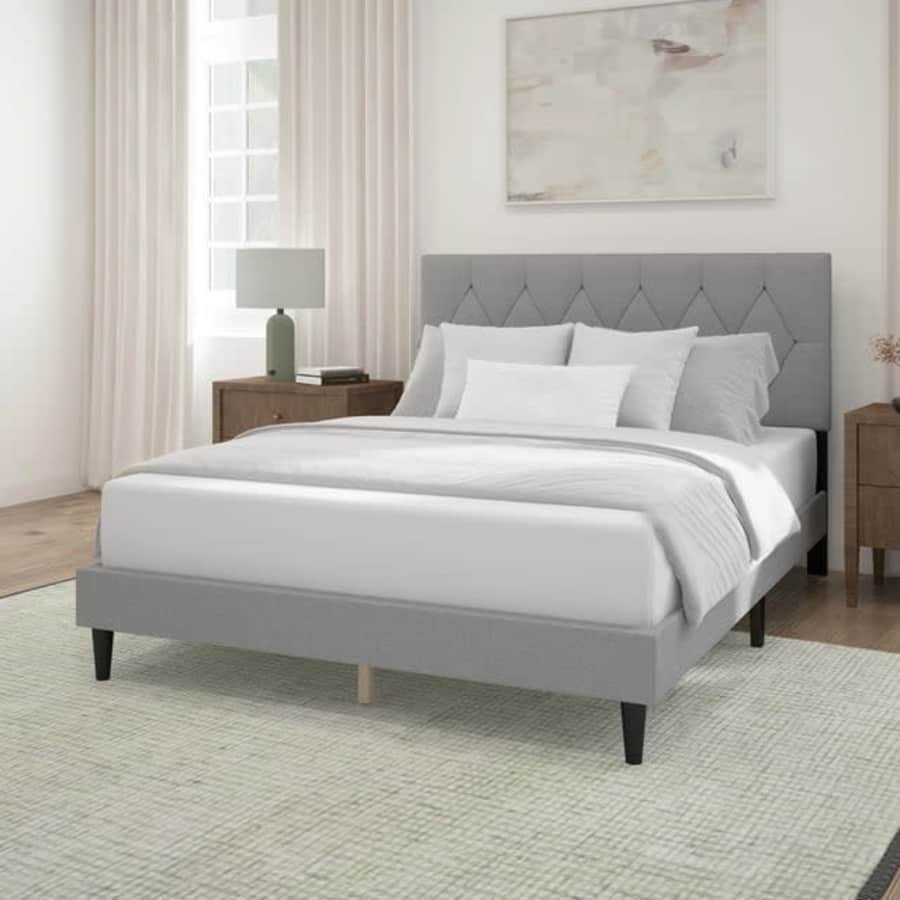 Mainstays Hillside Queen Diamond Tufted Upholstered Platform Bed for $109 Mainstays Hillside Queen Diamond Tufted Upholstered Platform Bed for $109