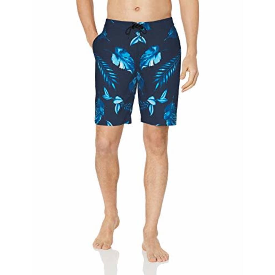 28 Palms Men's 9" Inseam Tropical Hawaiian Print Cotton Nylon Swim Board Short, Black/Blue for $25