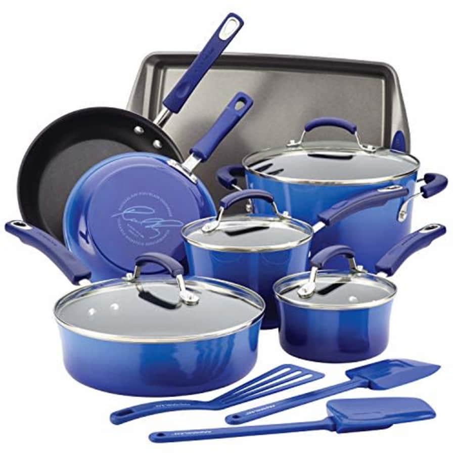 Rachael Ray Brights Nonstick Cookware Pots and Pans Set, 14 Piece, Blue Gradient for $150