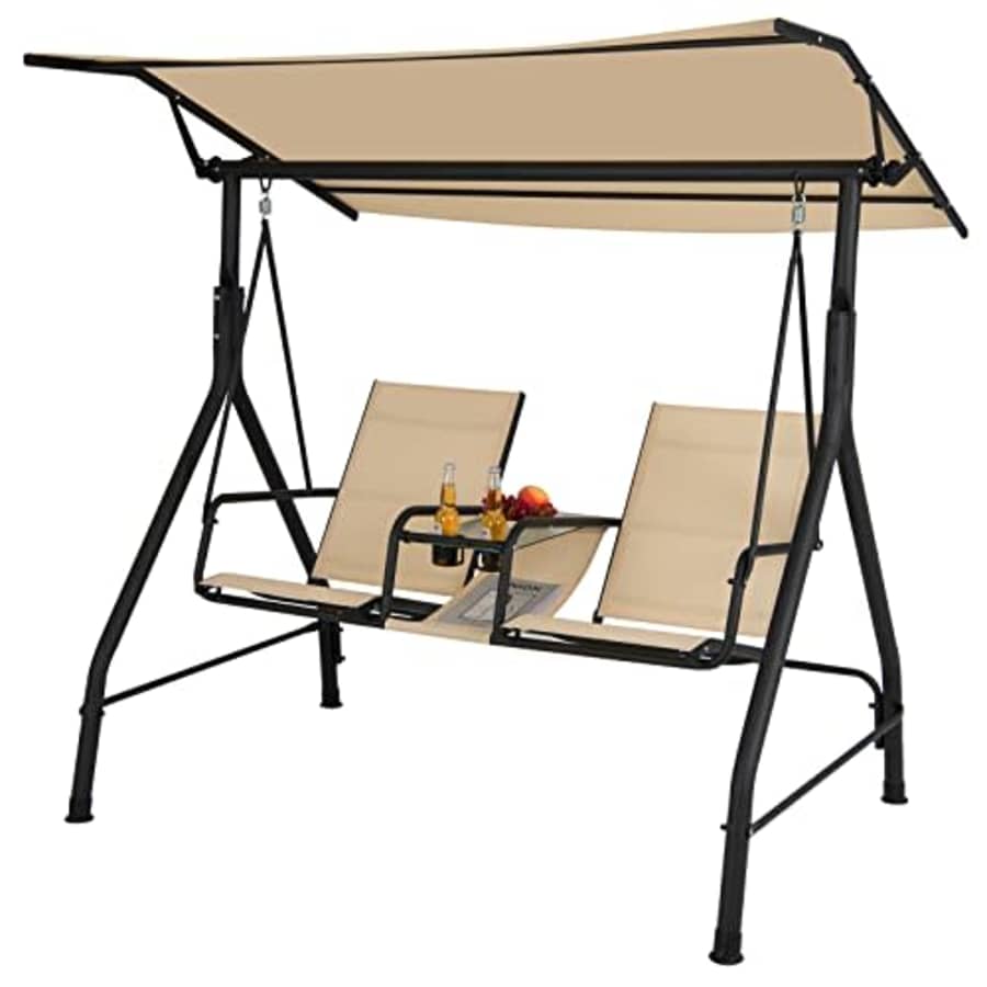 Tangkula 2 Person Porch Swing, Outdoor Swing with Tempered Glass Table, 2 Cup Holder, Patio Swing for $180 Tangkula 2 Person Porch Swing, Outdoor Swing with Tempered Glass Table, 2 Cup Holder, Patio Swing for $180