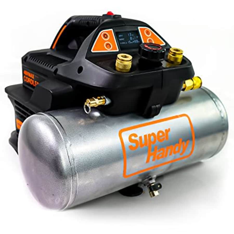 SuperHandy Air Compressor Cordless 2 Gal 135 PSI 10Amp 3/4eHP Portable Tire Inflator Ultra Quiet for $200 SuperHandy Air Compressor Cordless 2 Gal 135 PSI 10Amp 3/4eHP Portable Tire Inflator Ultra Quiet for $200