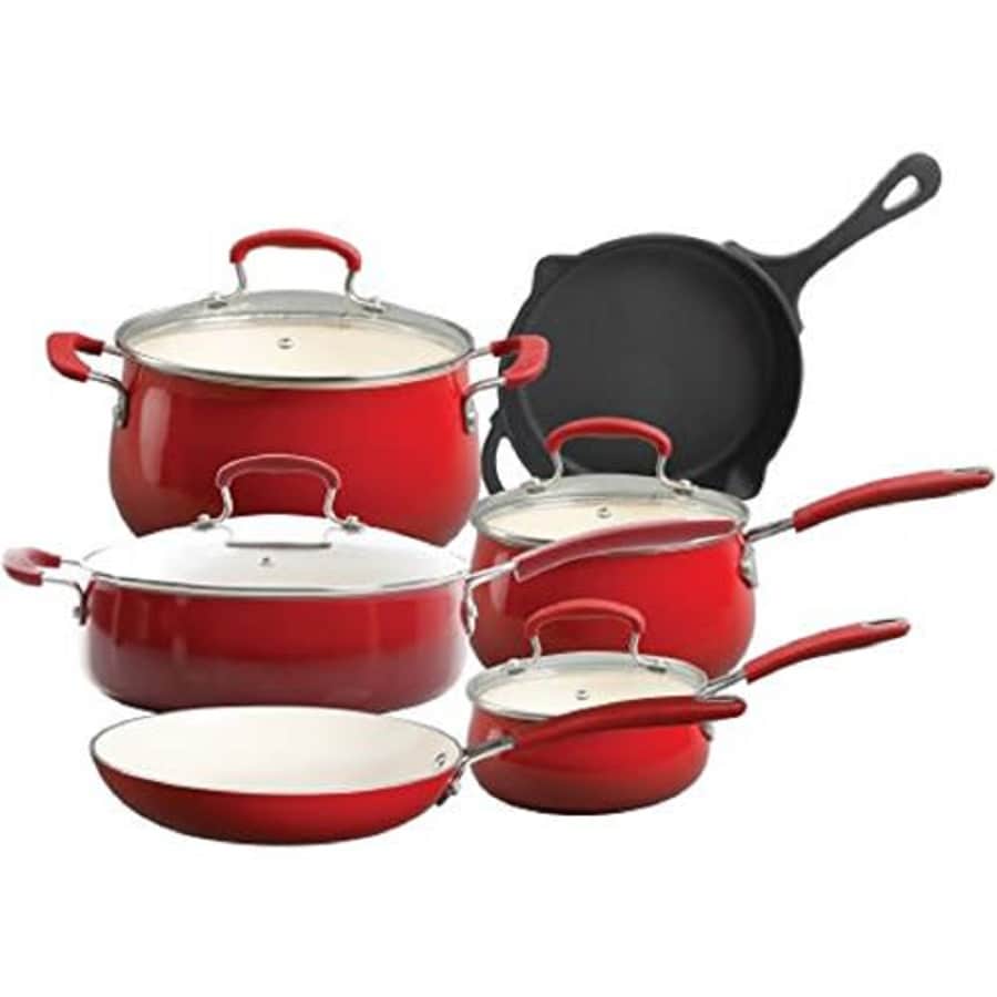 The Pioneer Woman Classic Belly 10-Piece Cookware Set, RED for $144