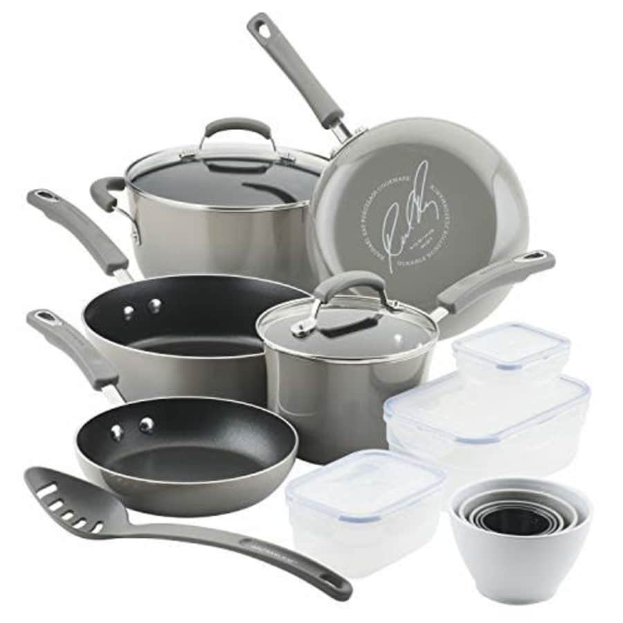 Rachael Ray Brights Nonstick Cookware Pots and Pans Set with LocknLock Containers, 19 Piece, Sea for $130