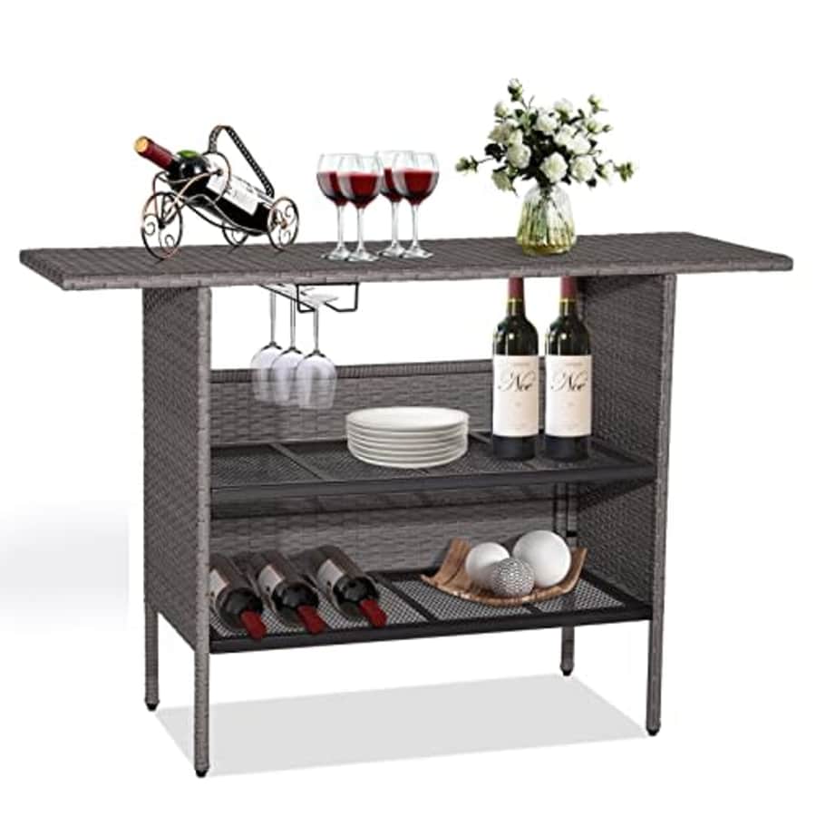 Giantex Outdoor Patio Wicker Bar Table, 2 Storage Shelves, 55''W Tabletop, Rails for Hanging Wine for $140