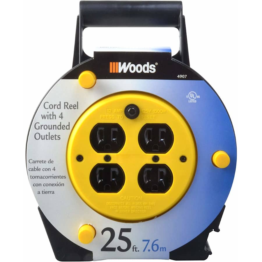 Woods 25-Foot Extension Cord Reel with 4-Outlets for $16 Woods 25-Foot Extension Cord Reel with 4-Outlets for $16