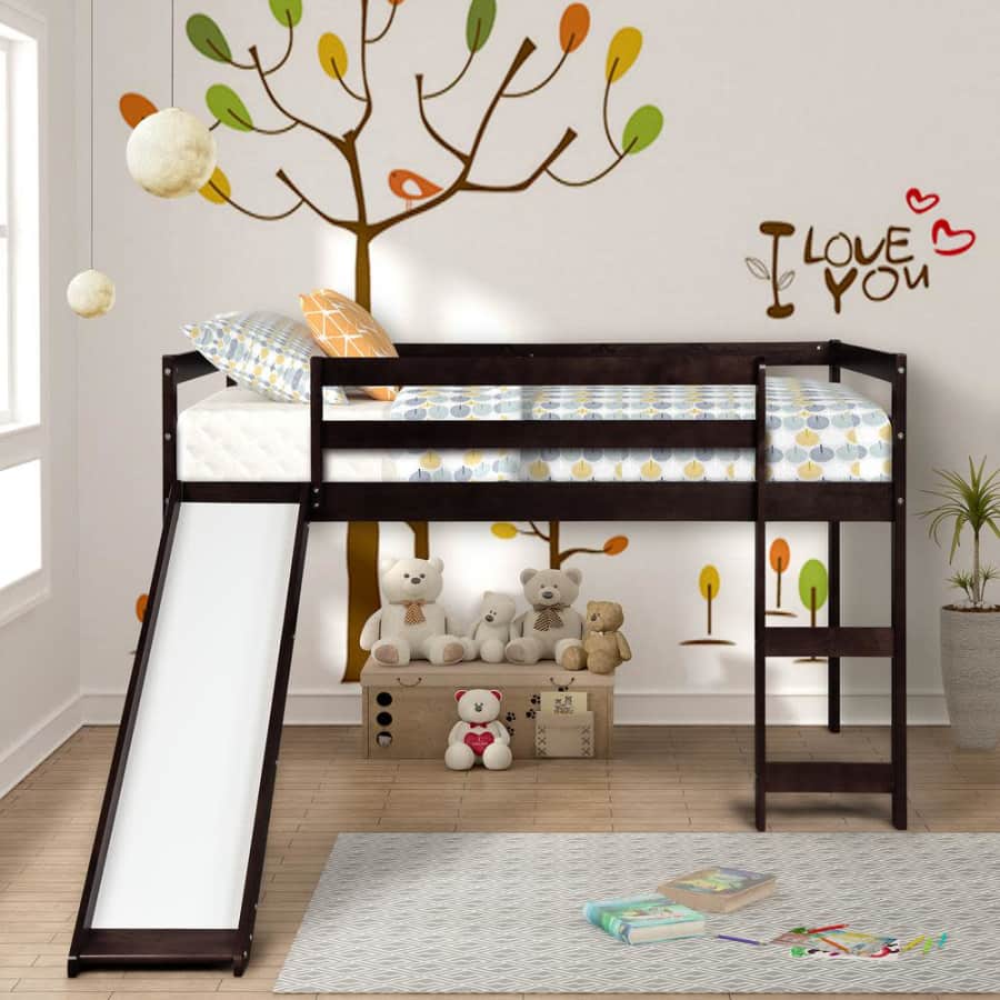 Harper & Bright Designs Walnut Wood Twin Loft Bed with a Slide for $164