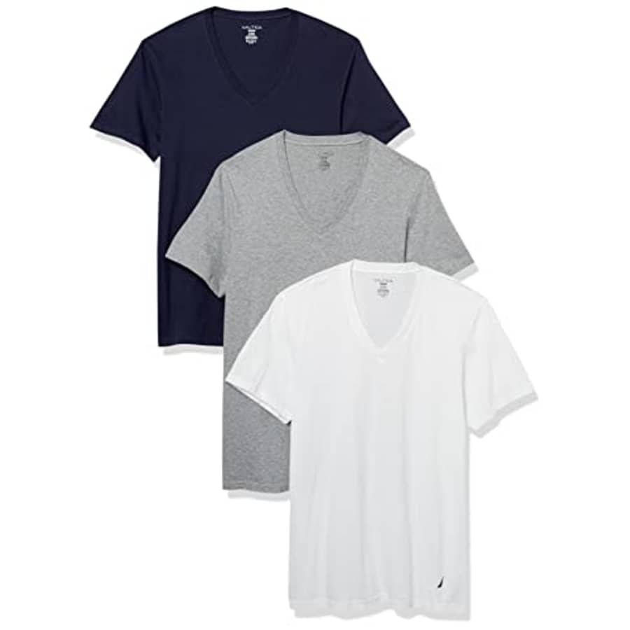 Nautica Men's Cotton V-Neck T-Shirt-Multi Packs, White/Peacoat/Heather Grey, Medium for $18 Nautica Men's Cotton V-Neck T-Shirt-Multi Packs, White/Peacoat/Heather Grey, Medium for $18