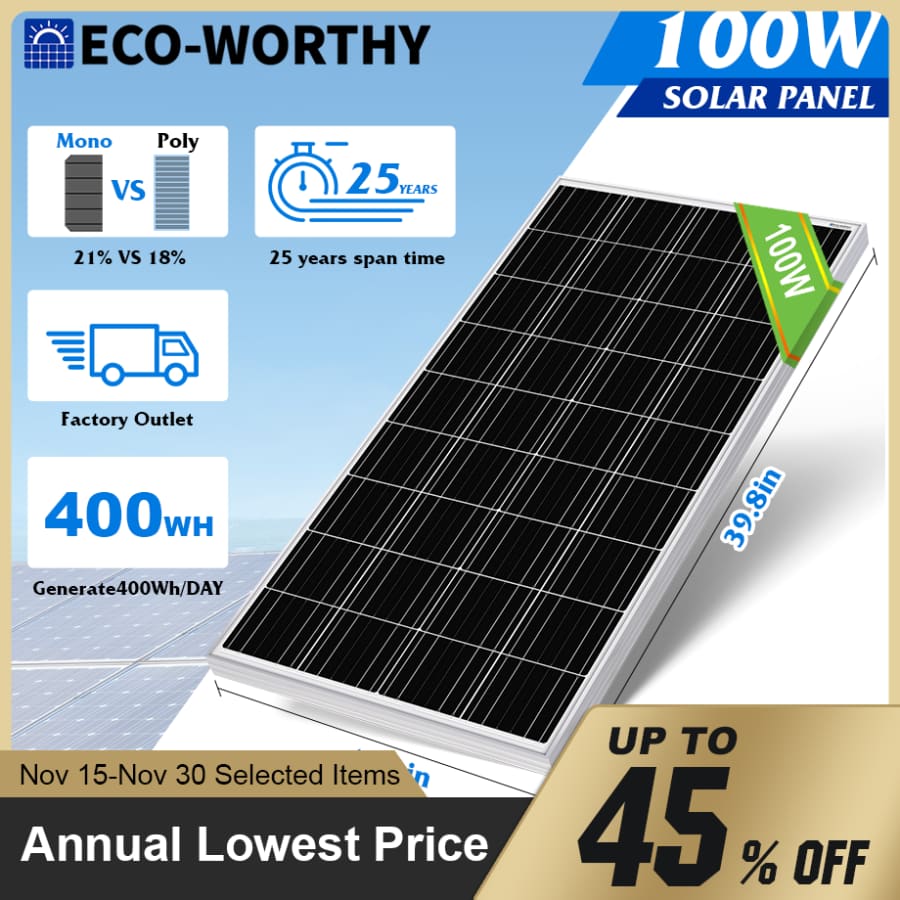 Eco-Worthy 100W Watt 12V Monocrystalline Solar Panel for $55 Eco-Worthy 100W Watt 12V Monocrystalline Solar Panel for $55