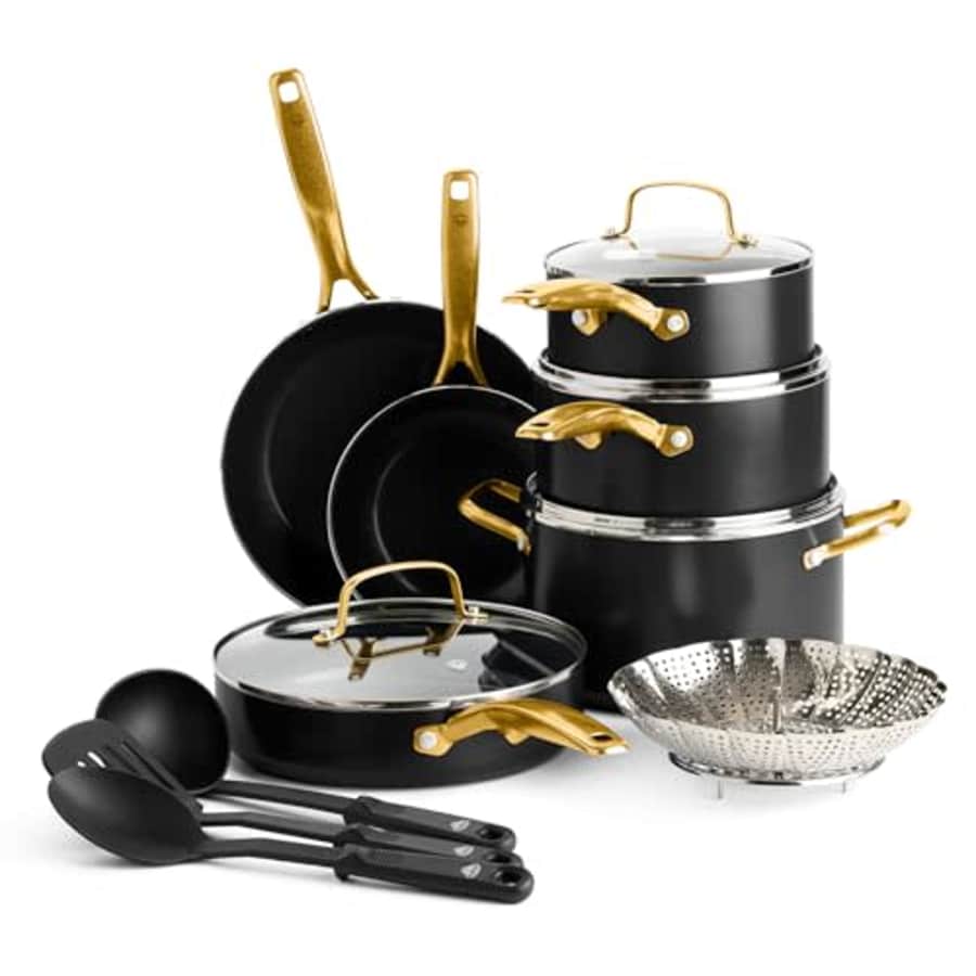 Blue Diamond Gold 14 Piece Cookware Set, Ceramic Nonstick, PFAS Free, PFOA Free, Induction for $135