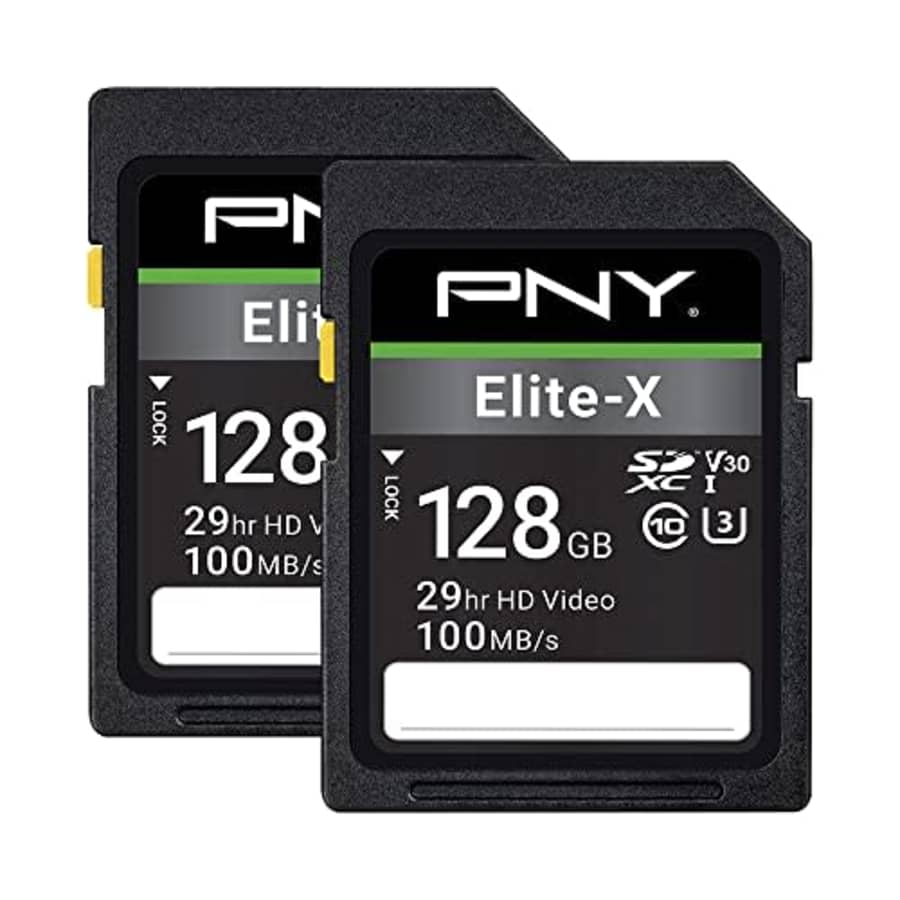 PNY 128GB Elite-X Class 10 U3 V30 SDXC Flash Memory Card 2-Pack - 100MB/s, Class 10, U3, V30, 4K for $20 PNY 128GB Elite-X Class 10 U3 V30 SDXC Flash Memory Card 2-Pack - 100MB/s, Class 10, U3, V30, 4K for $20