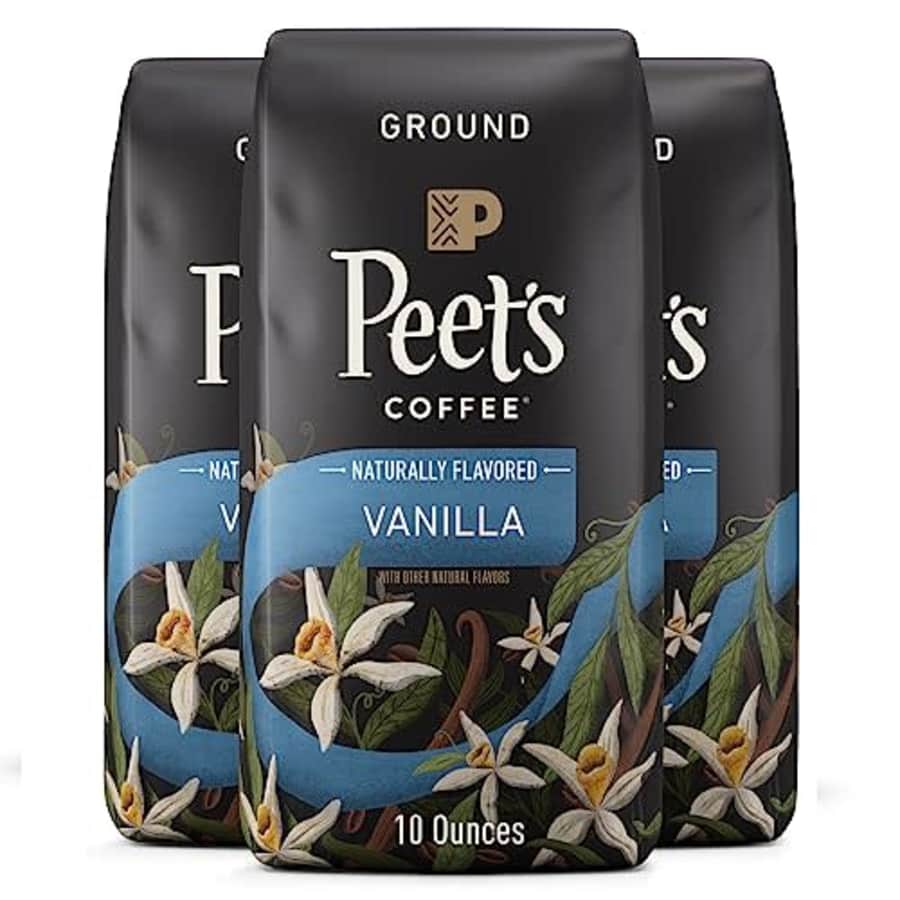 Peet's Flavored Coffee, Vanilla Ground Coffee, 30 Ounces (Three Bags of 10 Oz), Light Roast for $26 Peet's Flavored Coffee, Vanilla Ground Coffee, 30 Ounces (Three Bags of 10 Oz), Light Roast for $26