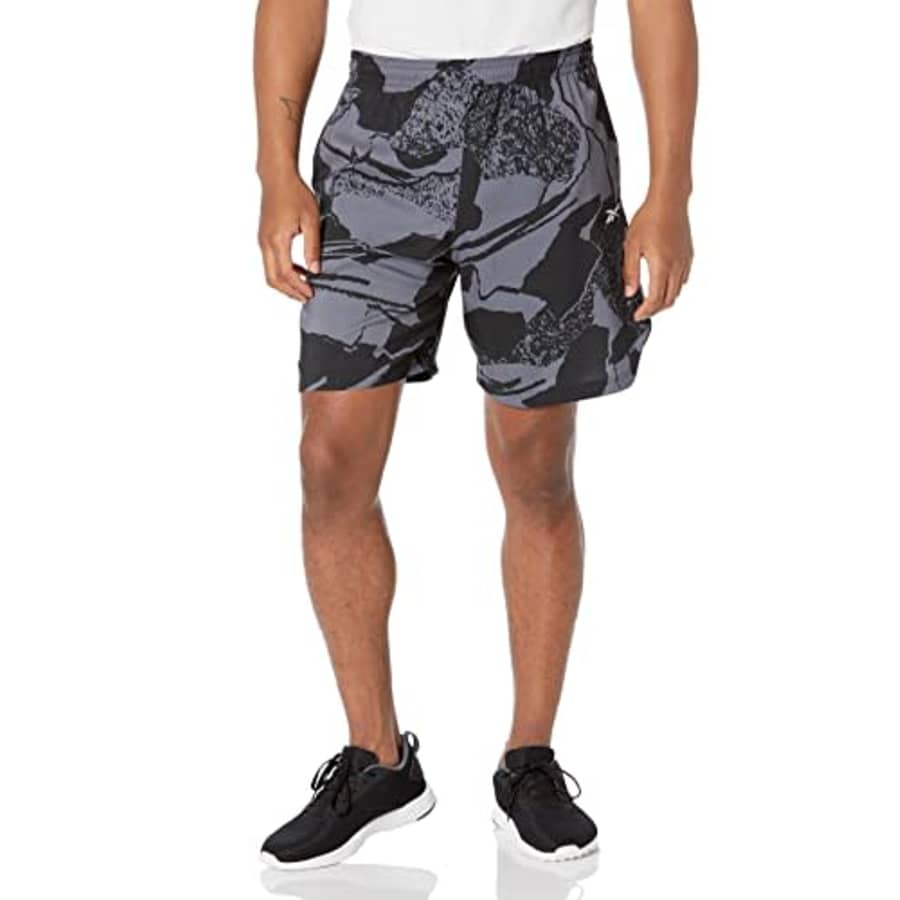 Reebok Men's Standard Workout Ready Graphic Shorts, Black/Grey All Over Print, Small for $92