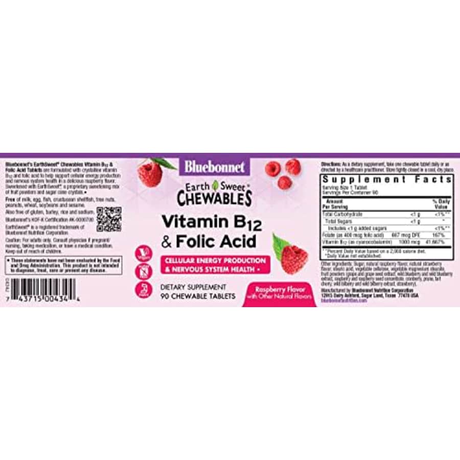 BlueBonnet Nutrition Earth Sweet Vitamin B12 & Folic Acid Chewable Tablets, Soy-Free, Gluten-Free, for $18