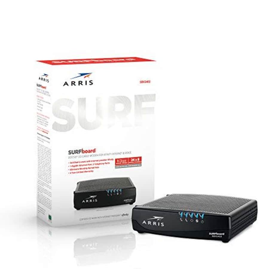 ARRIS Surfboard SBV2402 DOCSIS 3.0 Cable Modem, Certified for Xfinity Internet & Voice (Black) for $128 ARRIS Surfboard SBV2402 DOCSIS 3.0 Cable Modem, Certified for Xfinity Internet & Voice (Black) for $128