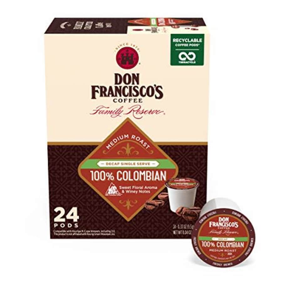 Don Francisco's Decaf 100% Colombia Supremo (24 Count) Recyclable Single-Serve Coffee Pods, for $9 Don Francisco's Decaf 100% Colombia Supremo (24 Count) Recyclable Single-Serve Coffee Pods, for $9