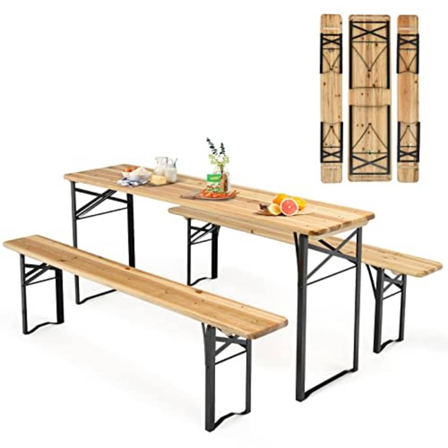 Goplus Foldable Picnic Table with Benches, 3-Piece 70 Portable Beer Garden Table with Sturdy Steel for $120 Goplus Foldable Picnic Table with Benches, 3-Piece 70 Portable Beer Garden Table with Sturdy Steel for $120