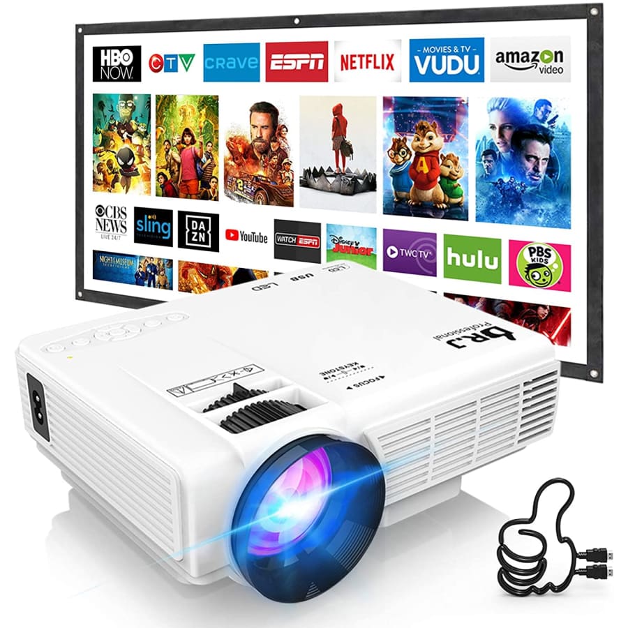 Dr. J 1,800-Lumen 4" Mini LCD Projector with 100" Portable Screen for $64