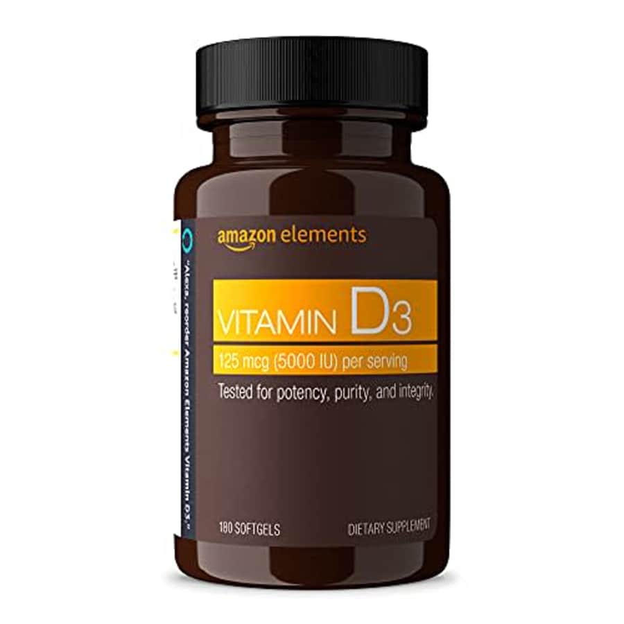 Amazon Elements Vitamin D3, 5000 IU, 180 Softgels, 6 month supply (Packaging may vary), Supports for $6 Amazon Elements Vitamin D3, 5000 IU, 180 Softgels, 6 month supply (Packaging may vary), Supports for $6
