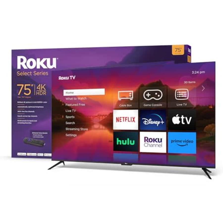Roku 75" Select Series 4K HDR Smart RokuTV with Enhanced Voice Remote, Brilliant 4K Picture, for $600 Roku 75" Select Series 4K HDR Smart RokuTV with Enhanced Voice Remote, Brilliant 4K Picture, for $600