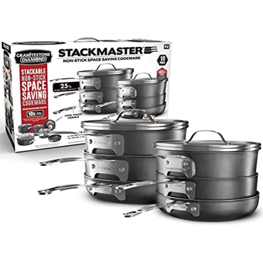 GRANITESTONE Stack Master 10 Piece Cookware Set, Triple Layer Nonstick Granite Stone with Diamond for $144 GRANITESTONE Stack Master 10 Piece Cookware Set, Triple Layer Nonstick Granite Stone with Diamond for $144