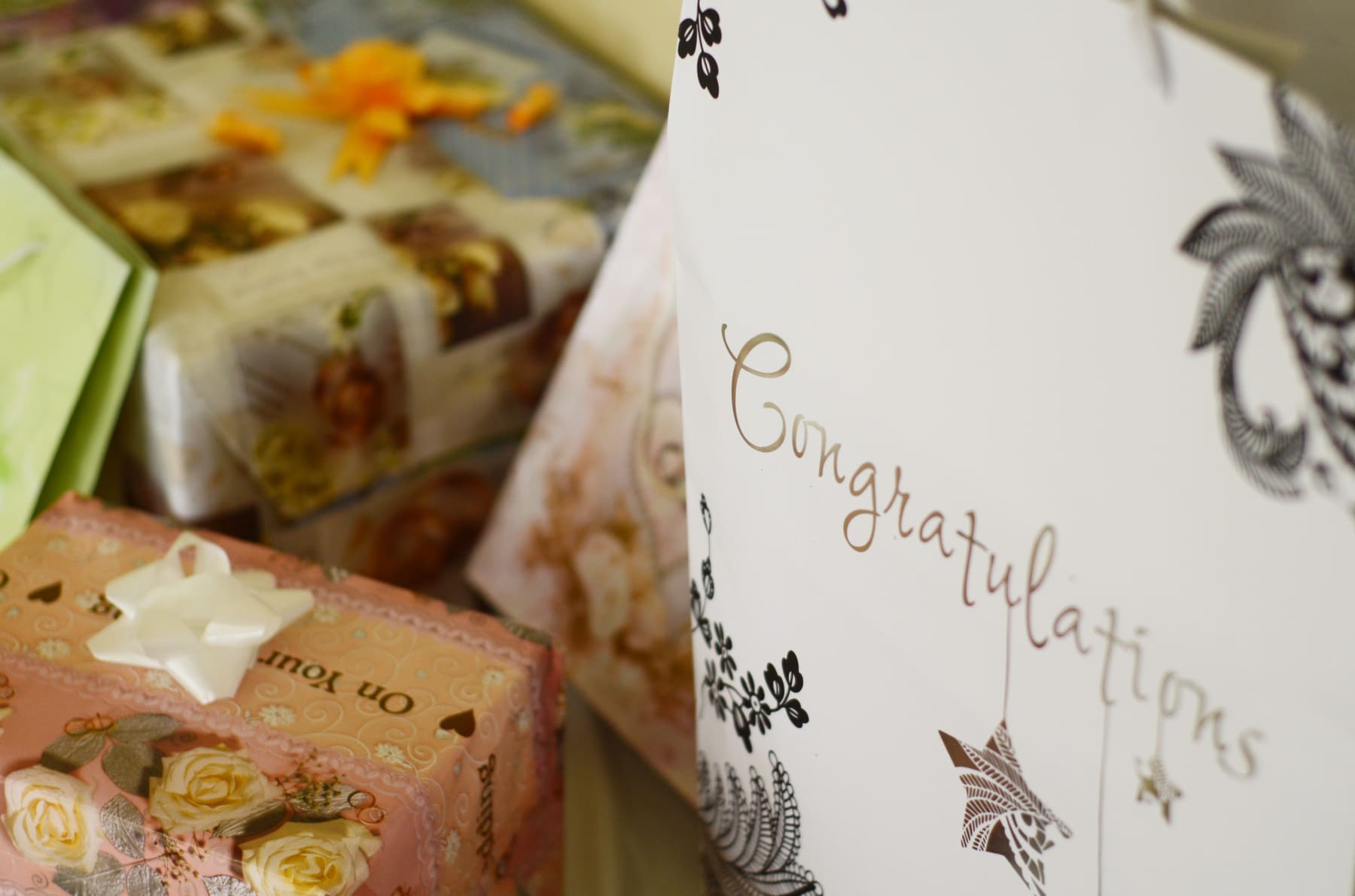 Wedding gifts and cards are displayed together.