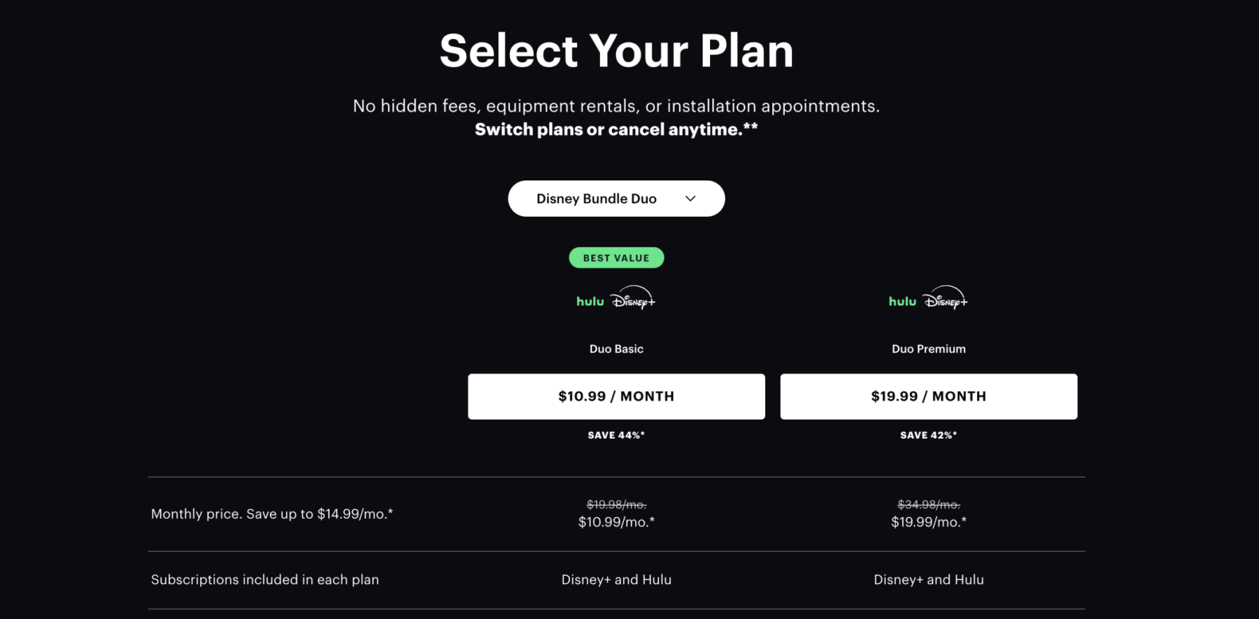 Hulu site shows how to select a plan.