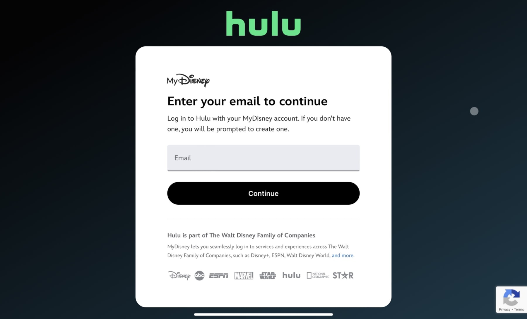 Hulu screenshot shows a MyDisney log-in screen.