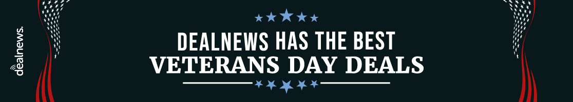 DealNews has the best Veterans Day deals, flanked by stylized American flags.