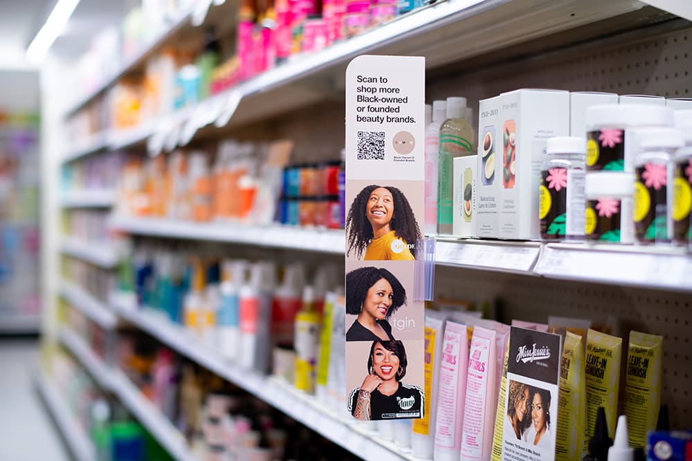 Sign for Target Black-owned brands is featured in the store's beauty aisle.