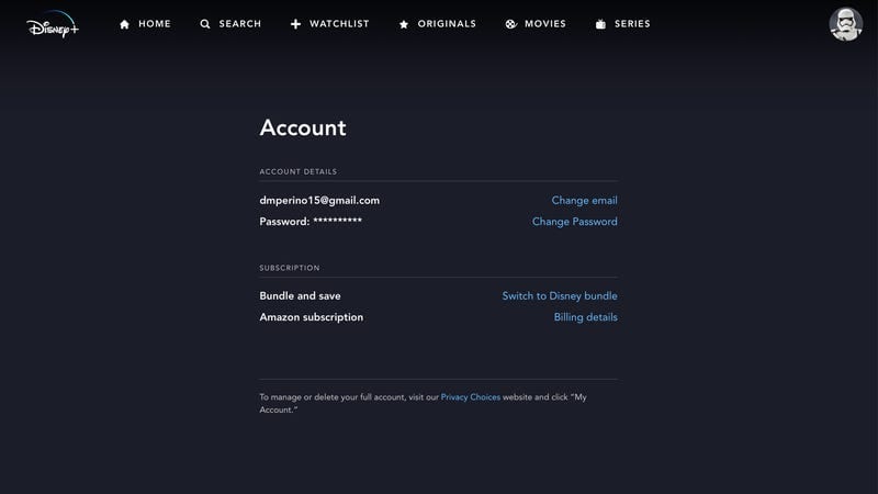 Disney Plus account settings screen