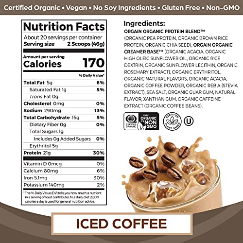 Orgain Organic Vegan Protein Powder, Iced Coffee 21g Plant Based